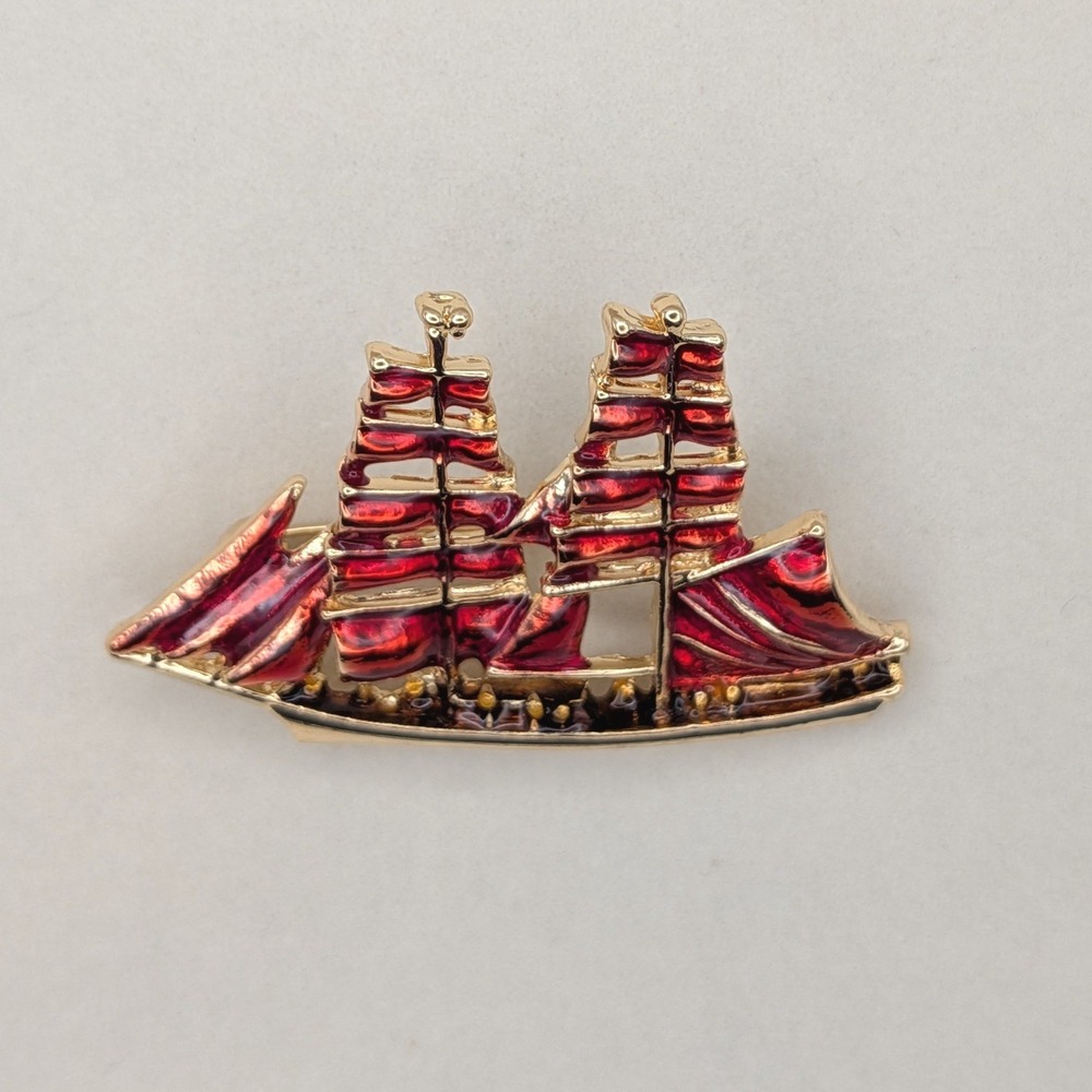 Vintage Style Red Enamel Sailing Ship Brooch Gold Tone Nautical Galleon Pin